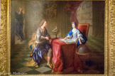 <center>Le château de Sceaux. </center> François de Troy. La leçon d'astronomie de la duchesse du Maine.
Le peintre représente Nicolas de Malézieu donnant une leçon d'astronomie à Louise Bénédicte de Bourbon-Condé, duchesse du Maine. Portant tunique et cothurne, à la manière d'un savant de l'Antiquité, Malézieu paraît dans un ample manteau de satin, qui lui confère l'autorité requise pour initier la princesse aux sciences. En 1696, ce remarquable pédagogue avait été nommé maître de mathématiques du jeune duc de Bourgogne, petit-fils de Louis XIV, avant d'être élu membre de l'Académie des sciences.
Face à lui, la princesse paraît dans un fauteuil au dossier garni de velours et d'une large bordure dorée. Devant elle, la table de travail porte, outre un encrier et sa boîte à poudre, plusieurs ustensiles évoquant les attributs de l'astronomie : une sphère art millénaire, un compas, une règle et un rapporteur. Effectuant le geste du savoir, Malézieu semble questionner son élève. Celle-ci pose la main sur un grand livre.
Au fond, à gauche, l'abbé Charles Claude Genest (1639 – 1719) épie la scène dans l'embrasure d'une porte, un rien moqueur, lorgnon en main, en allusion à la myopie dont souffrait Malézieu. Cette touche humoristique atténue ainsi le sérieux de cette studieuse séance de travail.