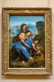 <center>Sainte Anne, la Vierge et l'Enfant jouant avec un agneau, dite La Sainte Anne. Vers 1503-1519.</center> Léonard de Vinci. Vinci, 1452 - Amboise, 1519. Cette scène symbolique réunit l'Enfant Jésus, sa mère Marie et sa grand-mère Anne qui était morte avant sa naissance. Léonard de Vinci a commencé à méditer sur ce sujet vers 1500 à Florence, République où ce thème avait une valeur politique. Après plusieurs hésitations sur la composition, il initia ce tableau vers 1503, mais poursuivit lentement son exécution, en ne cessant d'en parfaire chaque détail à travers de nouveaux dessins préparatoires, jusqu'à laisser son œuvre inachevée à sa mort en 1519.