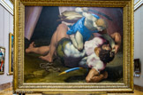 <center>Le combat de David et Goliath.</center> Daniele Ricciarelli, dit Daniele da VOLTERRA. Volterra 1509 Rome 1566. Huile sur ardoise. Daniele da Volterra réalisa vers 1550 1555 pour Giovanni della Casa, lettré florentin qui écrivait un traité sur la peinture, un modèle en terre cuite (perdu) et cette peinture à deux faces sur ardoise représentant tous les deux le combat de David et Goliath. La comparaison des deux œuvres devant permettre de comprendre les mérites respectifs de la sculpture et de la peinture, un des thèmes majeurs de la théorie artistique du XVIe siècle. L'œuvre fut offerte à Louis XIV en 1715 par Nicolo del Giudice, clerc de la Chambre apostolique, avec un nouveau piédestal en bois doré permettant de faire tourner la peinture.