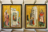 <center>Le Retable de Thouzon. Vers 1410 (?). </center>PROVENCE. Début du XVe siècle. Provient d'une chapelle du prieuré de Thouzon, au Thor ( Vaucluse) qui appartenait autrefois à l'abbaye de Saint-André de Villeneuve-lès-Avignon. Les deux panneaux de retable représentent chacun une scène de la vie de saint André ( à gauche» saint André fait éteindre un incendie par son disciple, à droite, saint André chasse les démons de la ville de Nicée) et une grande figure de saint (à gauche, une sainte martyre et à droite, saint Sébastien).