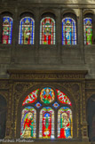 <center>Saint Eustache</center> En haut, saint Mathieu, saint Marc, la Sainte Trinité, saint Luc et saint Jean. En bas, l'Annonciation.