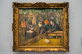 <center>Exposition Toulouse-Lautrec.</center> Bal du Moulin de la Galette
1889
Huile sur toile.
On ne sait si Lautrec connaissait le célèbre tableau du Musée d’Orsay où Renoir, en 1876, fait danser des couples de petits bourgeois aux mœurs libres, dans une atmosphère bon enfant. Sa vision moins sucrée, treize ans plus tard, s’ouvre à la dureté des rapports humains et à la fièvre des plaisirs que réservait la butte Montmartre. Spectateurs dans le spectacle, les personnages du premier plan, liés à la prostitution, inquiètent par l’intensité de regard et leur fixité au cœur du mouvement général.