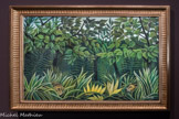 <center>Les Grands Peintres Naïfs.</center> Henri Rousseau,
dit le Douanier Rousseau
Deux lions à l’affût dans la jungle
1909-1910
Huile sur toile
La première jungle de Rousseau, Surpris!, est présentée au Salon des Indépendants de 1891. Elle représente un tigre à l'affût d'une proie invisible sous une tempête tropicale. La toile s'attire comme souvent l'hilarité du public, à l’exception de Félix Vallotton, qui voit en elle «l'alpha et l’omega de la peinture». Encouragé, Rousseau réalise toute une série de jungles à la fin de sa carrière, qui lui attire l’admiration de Pablo Picasso, Robert Delauney ou Guillaume Apollinaire. Deux visions de la nature s’y confrontent: on peut distinguer les compositions plus anxiogènes, où les animaux sauvages semblent guetter l'explorateur ou le visiteur, de toiles plus enchanteresses, comme le célèbre Rêve qui stimule l'imagination d'André Breton.